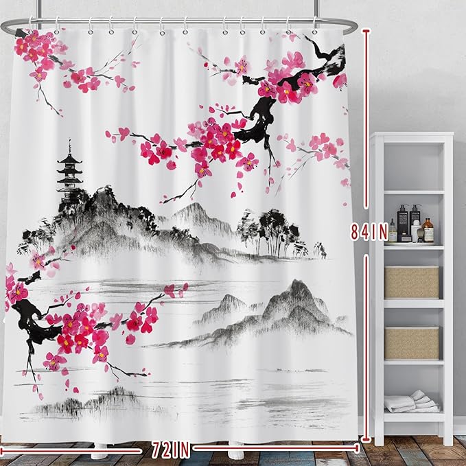 Baocicco Plum Blossom Shower Curtain Pink Cherry Blossom Floral Misty Mountains Shower Curtains Decorative for Bathroom Waterproof Fabric Shower Curtain with Hooks 72x84 Inches