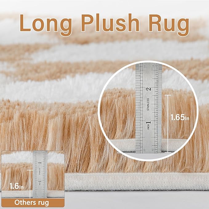 Checkered Rug 5x8 for Living Room, Beige and White Modern Shag Rug Super Soft Washable Indoor Fuzzy Carpet Non-Slip Fluffy Rugs for Bedroom Home Aesthetic Decor