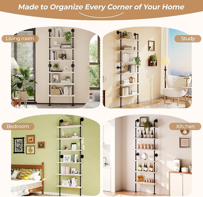 Pipe Shelves, Wall Mounted Wood Metal Industrial Shelves, Ladder Bookshelf for Living Room (White, 10" D x 30" W x 82.5" H)