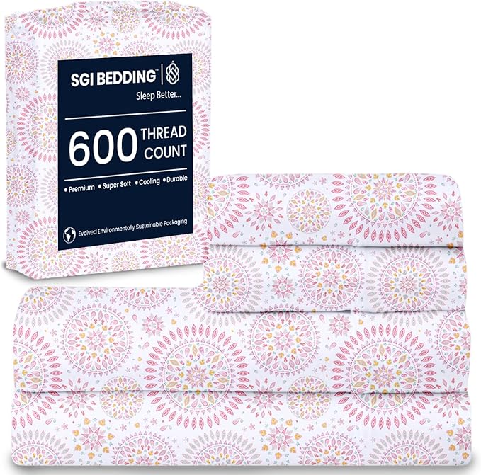 SGI bedding 100% Egyptian Cotton Sheets King Size – 600 Thread Count Sheets Set, Soft, Cooling, 15" Deep Pocket, Luxury Hotel Bedding, Breathable, Durable - Boho Mandala