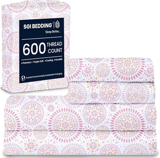 SGI bedding 100% Egyptian Cotton Sheets Full XL Size – 600 Thread Count Sheets Set, Soft, Cooling, 15" Deep Pocket, Luxury Hotel Bedding, Breathable, Durable - Boho Mandala