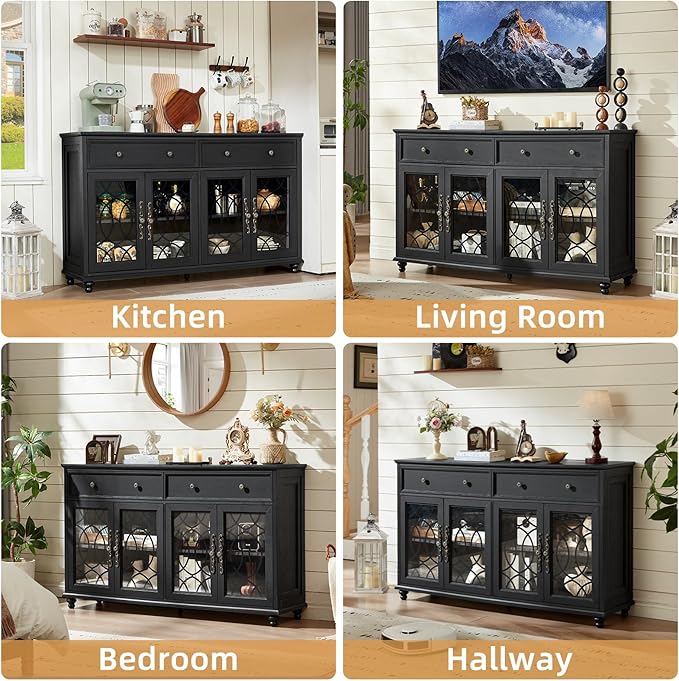 Farmhouse Sideboard Buffet Cabinet Set of 2 with Storage,59" Large Credenza with 4 Glass Door & 2 Drawers,Adjustable Shelves Console Table,Wood Kitchen Coffee Bar for Dining Room,Black