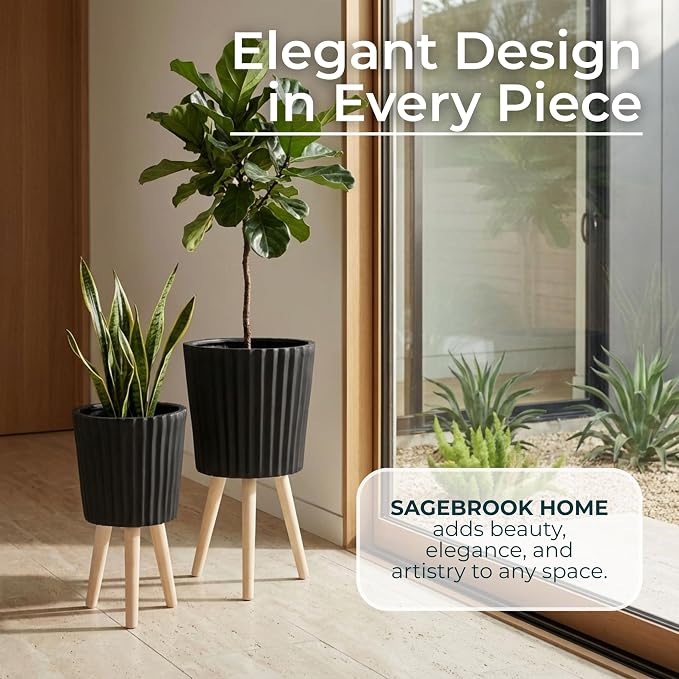 Set of 2 Resin & Magnesia Planter Set with Wood Stands – Plant Stand Indoor Outdoor, Living Room or Patio – Modern Raised Design, Accent Planters for Stylish Spaces, Home Decor – 12" & 10", Black