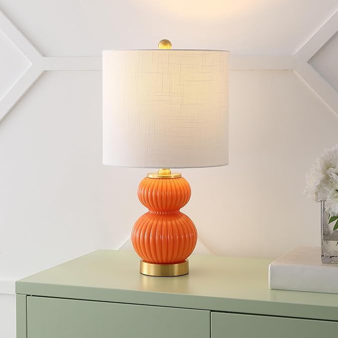 JONATHAN Y 20" Orange/Brass Gold Ribbed Gourd Glass Table Lamp, Modern Bedside Lamp for Bedroom Living Room, White Linen Drum Shade, LED Bulb Included (JYL1099E)