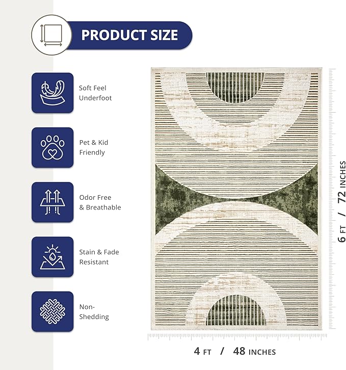 Abani Mid-Century Green Arch Washable Area Rug – 4' x 6' – Modern Geometric Design – Ivy Collection – Non-Shedding, Easy to Clean – Durable for High Traffic Areas – Living Room, Bedroom & Office