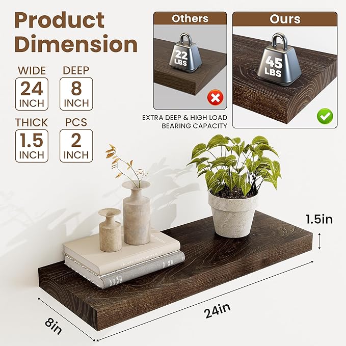 Extra Deep 24" Long Rustic Solid Wood Floating Shelves for Wall, Wall Shelves with Invisible Bracket for Living Room Bathroom Bedroom Kitchen, Set of 2, Walnut