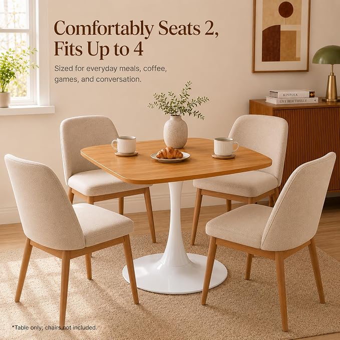 31.5 Inch Oak Square Dining Table for 2-4, Mid-Century Modern Tulip Table with White Metal Pedestal Base, 0.71 Inch MDF Top for Small Space, Apartment, Kitchen, Breakfast Nook & Office