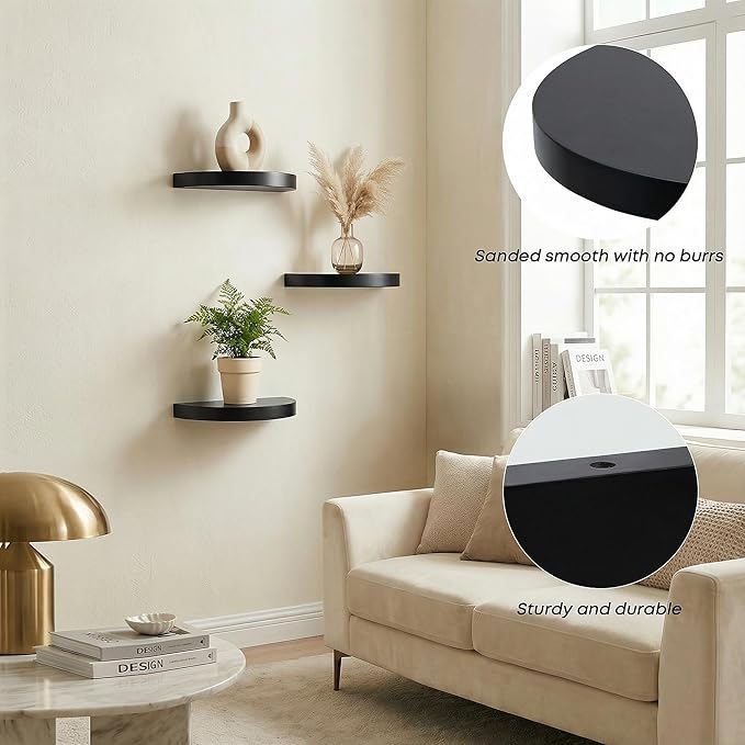 Small Wood Floating Shelves (4-Pack, 6-inch Diameter) - Round Sturdy Invisible Wall Mount Display for Small Plants,Toys,Bathroom,Living Room Storage & Modern Rustic Décor (Black)