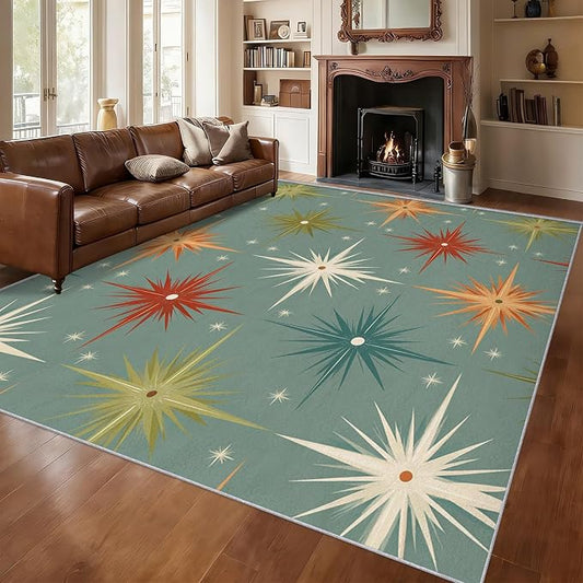 Mid Century Modern Rugs for Living Room Decor, 5x8 ft, Retro Atomic Geometric Area Rugs for Bedroom, Soft Non Slip Washable 1950s MCM Starburst Carpet Home Decorations D-g48