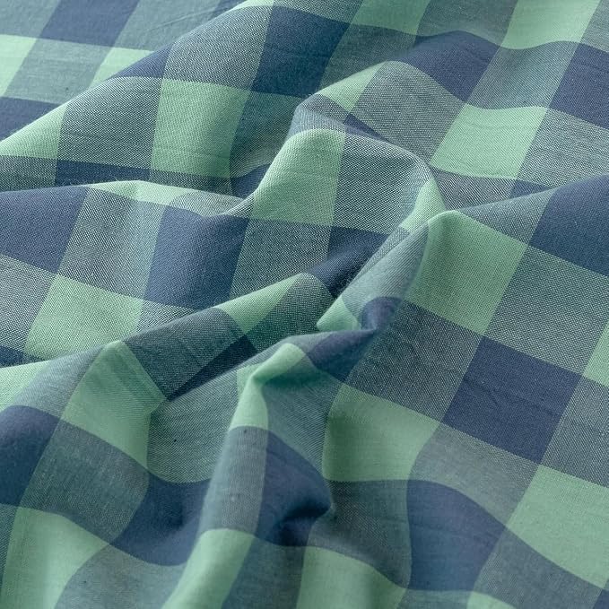 mixinni Green Gingham Grid Duvet Cover Queen, 100% Washed Cotton Modern Geometric Bedding Set with 2 Pillowcases, Farmhouse Style Blue Plaid Comforter Cover Set for Men & Women, Soft & Lightweight