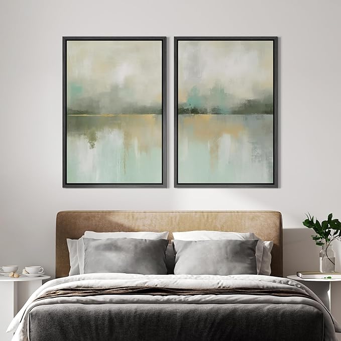 IDEA4WALL Framed Canvas Print Wall Art Set Golden Mist Lake Abstract Water Landscape Illustrations Modern Art Decorative Coastal Cottage Seascape for Bedroom - 24"x36"x2 Black