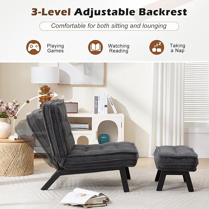 ANJ Armless Accent Chair with Ottoman Adjustable Backrest, Black Living Room Chair Tufted Upholstered Lounge Chair with Footrest Set, Modern Chair Cozy Reclining Chair for Reading Room Bedroom