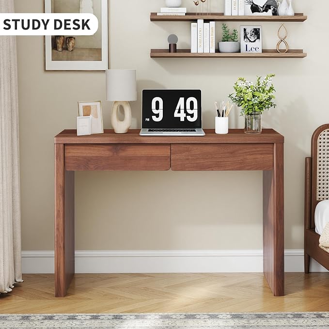 43 Inch Small Computer Desk with 2 Drawers, Mid Century Modern Writing Study Table for Home Office, Vintage PC Work Desk with Storage for Bedroom Small Spaces, Easy Assembly, MDF - Walnut