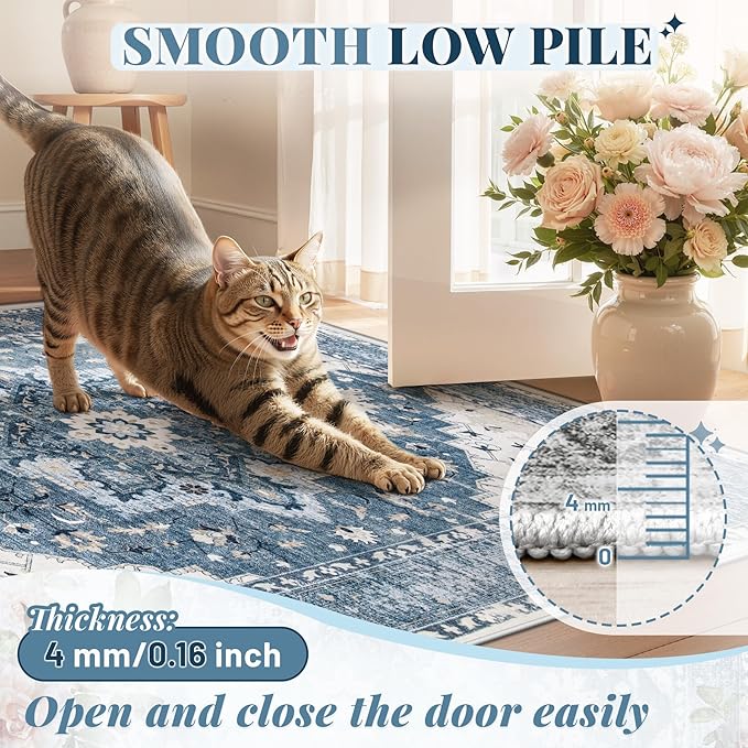 Area Rug 9x12 Vintage Rug: Large Washable Indoor Medallion Rugs Low Pile Distressed Floor Carpet Retro Accent Rug for Living Room Bedroom Kitchen Dining Table Home Office(Blue, 9'x12')