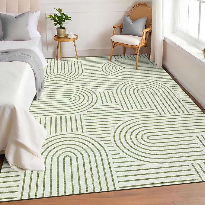 Washable Rug 4x6 Area Rugs for Living Room, Abstract Rug for Bedroom, Soft Rainbow Non Slip Throw Rugs with Rubber Back, Low Pile Stain Resistant Boho Geometric Carpet for Dining Room, Green
