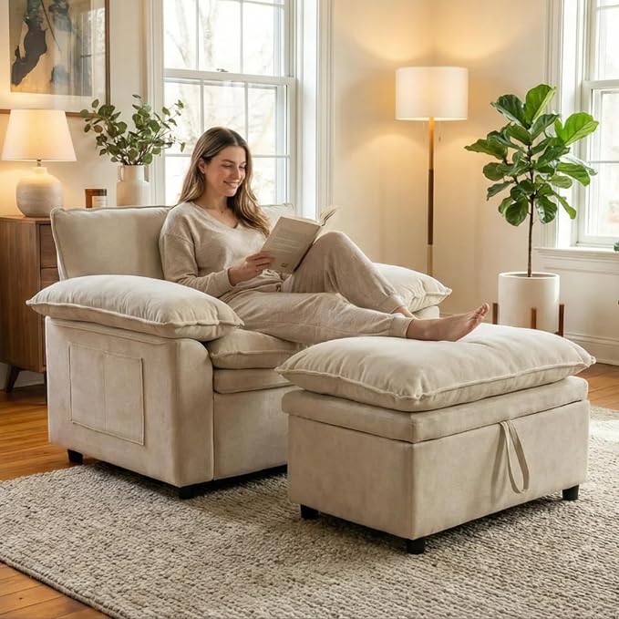 Furnimart Oversized Accent Chair with Storage Ottoman, Super Plush Cloud Chair, Chunky Cushion Chenille Chaise Lounge for Living Room Bedroom Reading Nook, Beige