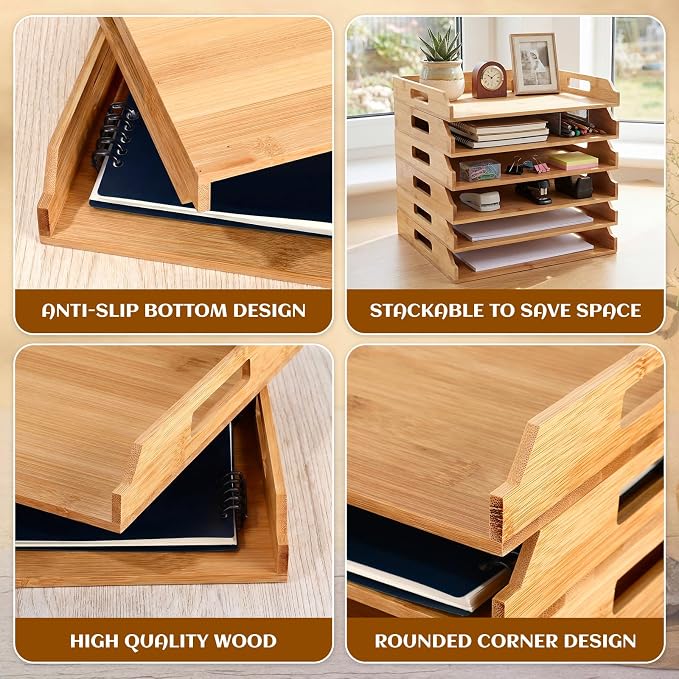 AceOrbit 6 Pcs Stackable Paper Tray Bamboo Wood Desk Organizer Letter Tray 6 Tier Wooden File Organizer Desk Shelf for Documents, Letter Sorter, Envelopes and Magazine Holder