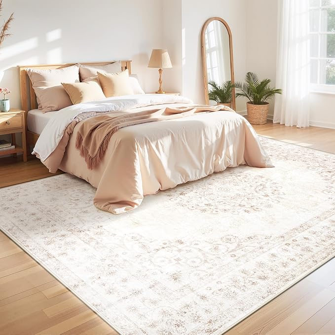 Area Rug 9x12 Vintage Rug: Large Washable Indoor Medallion Rugs Low Pile Distressed Floor Carpet Retro Accent Rug for Living Room Bedroom Kitchen Dining Table Home Office(Distressed Beige, 9'x12')
