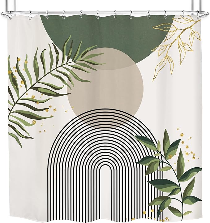 Green Boho Mid Century Shower Curtain 72Wx72H Abstract Gold Leaves Grey Modern Sun Arch Minimalist Geometric Aesthetic Plant Bathroom Decor Neutral Bath Curtain Polyester 12 Pack Hooks