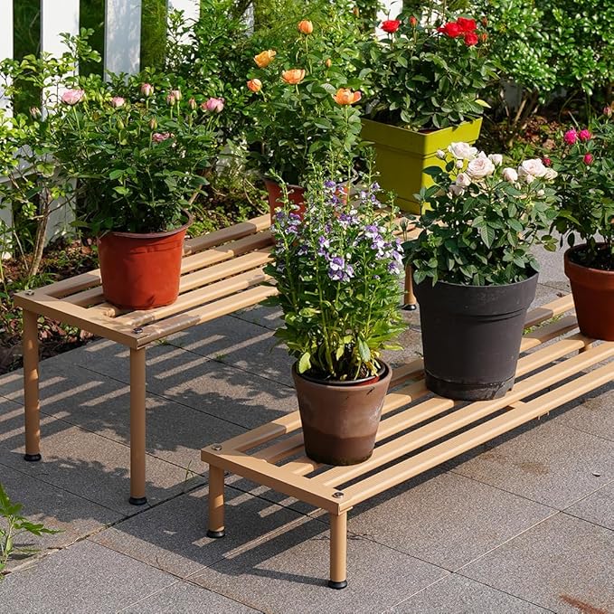 Metal Plant Stand, Rust-proof Aluminum Display Rack, Plants Display Stands Decoration Racks for Living Room Garden Balcony Patio (Wood Color, 42.5Inch Tall Leg)