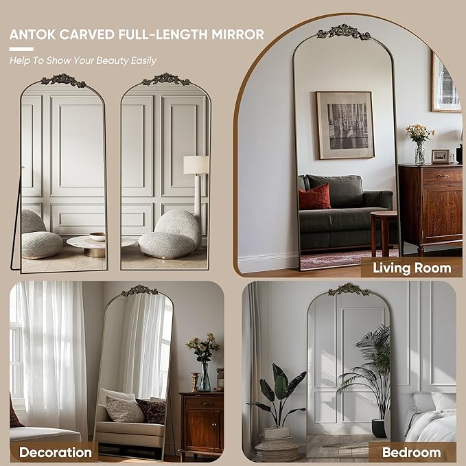 Antok Arched Full Length Mirror, 78"x38" Floor Mirror with Carved, Full Body Mirrors for HomeDecor, Standing/Halling Large Wall Mirror for Bedroom, Living Room, Cloakroom, Bronze, Retro Style