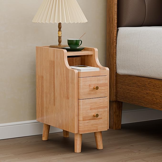 Narrow Nightstand with Drawers, 19.7" H Pre-Assembled Solid Wood Small Skinny Night Stand with Open Sliding Shelf, Mid Century Modern Slim Bedside Table for Bedroom, End Side Table, Natural Oak