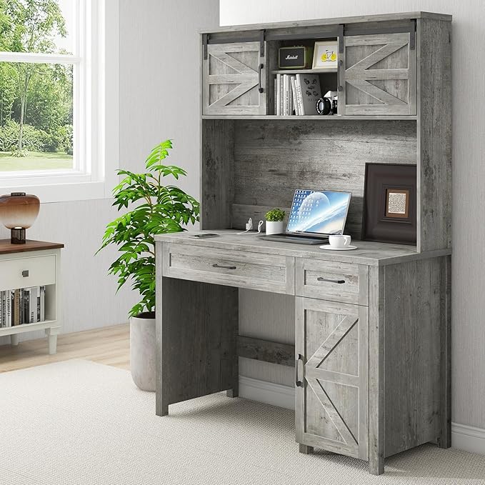 Vabches Farmhouse 47" Executive Desk, Computer Desk with 2 Drawers, LED Light and Storage Cabinet, Home Office Desk with Hutch, Charging Hub, Workstation for Home Office and Study(Grey