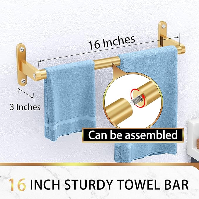 Gold Towel Bar, KLJKPA Towel Bar for Bathroom Wall 16 Inch, Stainless Steel Heavy Duty Single Towel Rod Holder
