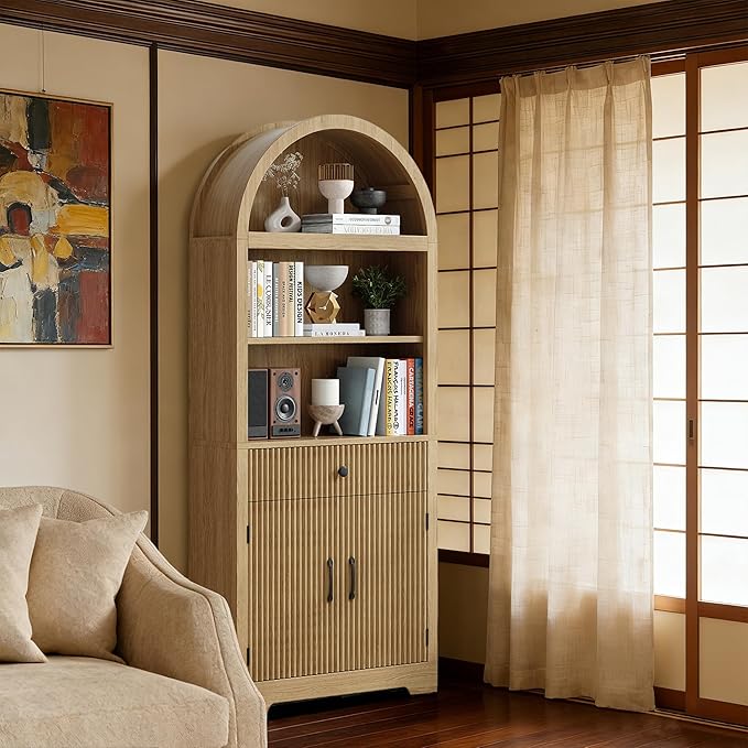 Farmhouse Arched Bookshelf, Mid-Century Modern 5-Tier Curved Cabinet with Door, Wooden Bathroom Storage Cabinet, Kitchen Pantry Cabinet for Living Room, Kitchen，Home Office, Natural