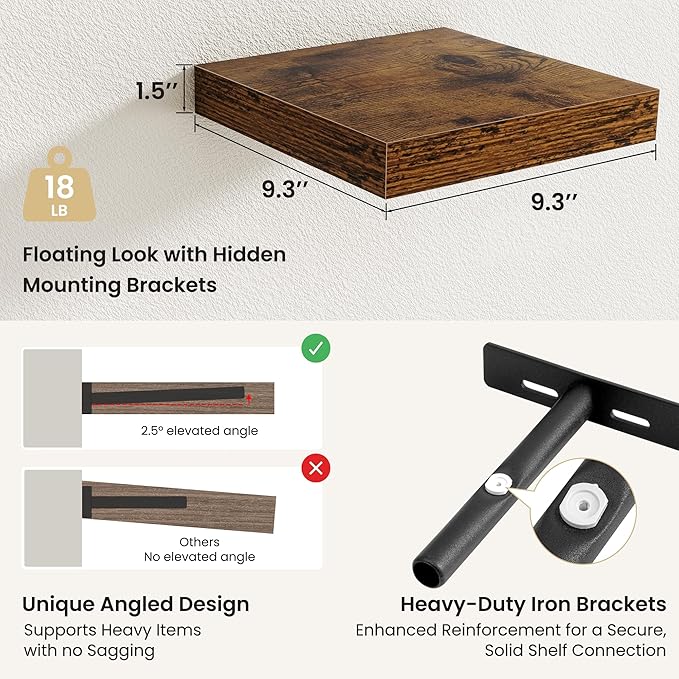Fun Memories Floating Shelves for Wall, Rustic Wood Wall Mounted Shelves for Bathroom, Bedroom, Living Room and Kitchen, Storage & Home Decor (Set of 4, Brown, 9.3 in)