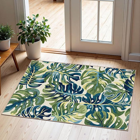 Front Door Mat Outside Entrance - 2x3 Boho Non-Slip Washable Spring Doormat Indoor Outdoor Entrance Tropical Green Blue Leaf Rug Small Throw Rugs for Entryway Bedroom Kitchen Front Porch Decor