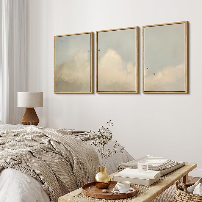 MUDECOR Framed Wall Art Print Set Minimalist Serene Sky with Birds Illustrations Modern Art Boho Decorative Colorful Chic for Living Room, Bedroom, Office - 24"x36"x3 Natural