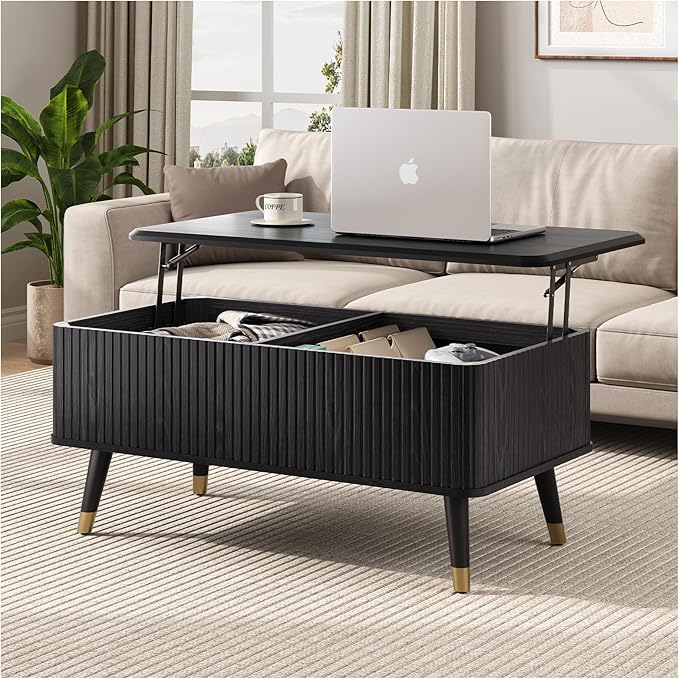 Lift Top Coffee Table with Storage, Modern Black Fluted Design, Pop-Up Center Table with Hidden Compartment for Living Room & Home Office Work/Dining