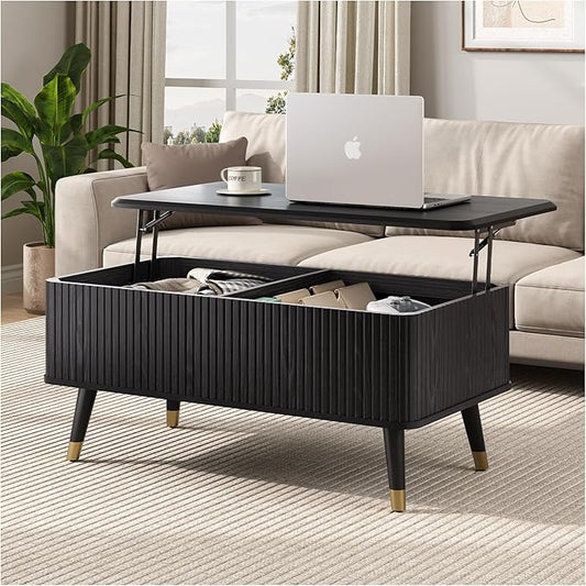 Lift Top Coffee Table with Storage, Modern Black Fluted Design, Pop-Up Center Table with Hidden Compartment for Living Room & Home Office Work/Dining