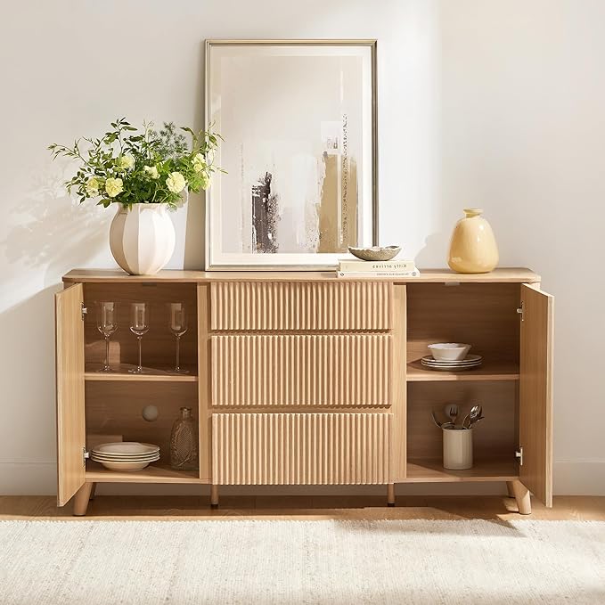 CHITA 62" Sideboard Buffet Cabinet with Storage, Fluted Cabinet with Drawers, Natural Oak