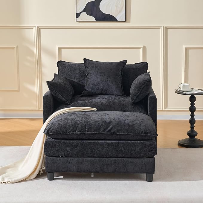 Oversized Accent Chair with Ottoman, Chenille Cloud Single Sofa Upholstered Double-Layer Seat Lounge Armchair with Pillows for Living Room Reading Apartment, Black
