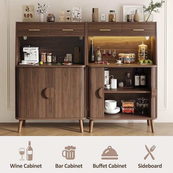 Decofy 47.2" Sideboard Buffet Cabinet with LED Light & Sliding Door, Modern Storage Cabinet with Adjustable Shelf &2 Drawers, Coffee Bar for Kitchen, Entryway(Oak) (Walnut)