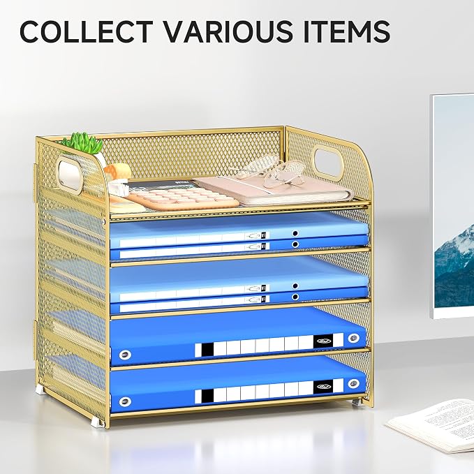 Paper Organizer Letter Tray with Handle Mesh 5 Trays Desk File Organizer Paper Sorter Desk Organizer for Office, Home or School-Gold