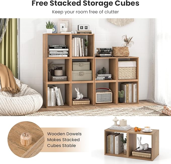 Giantex 4 Cube Bookshelf Organizer, 2-Tier Stackable Cube Storage Organizer, Small Wooden Open Book Shelf with Anti-toppling Device, Wood Floor Standing Display Shelving Bookcase, Natural