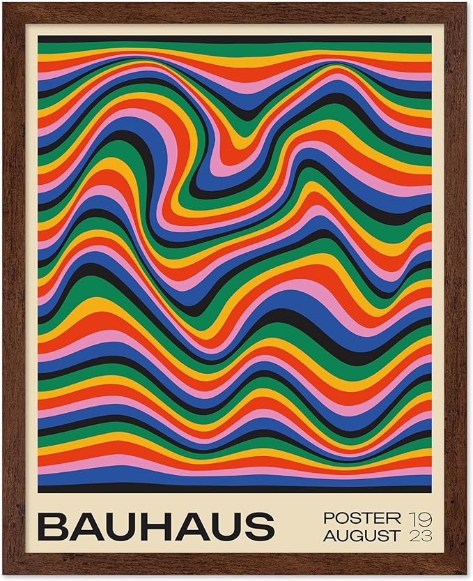 Poster Master Bauhaus Poster - Psychedelic Waves Print - Abstract ART - Rainbow ART - Groovy Style - Chic Boho - Mid Century Modern - Living Room or Bedroom Wall Decor - 11x14 Brown Framed