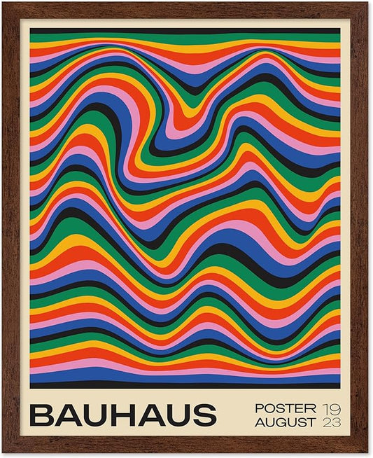 Poster Master Bauhaus Poster - Psychedelic Waves Print - Abstract ART - Rainbow ART - Groovy Style - Chic Boho - Mid Century Modern - Living Room or Bedroom Wall Decor - 11x14 Brown Framed