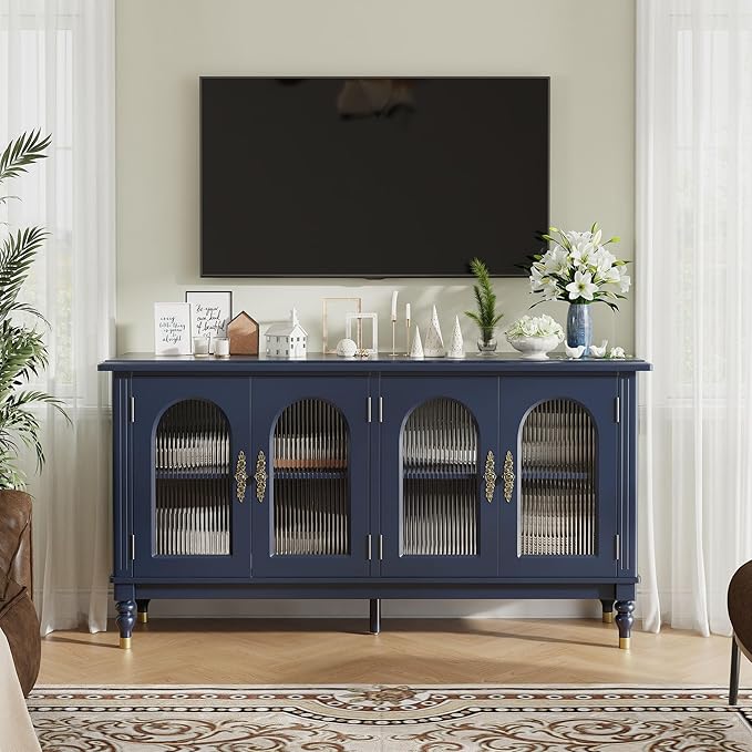 iPormis Fluted Arched Buffet Cabinet with Storage, 59" Vintage Sideboard with Glass Door & Adjustable Shelves, Mid Century Modern Solid Wood Credenza Accent Cabinet for Living Room, Entryway, Blue