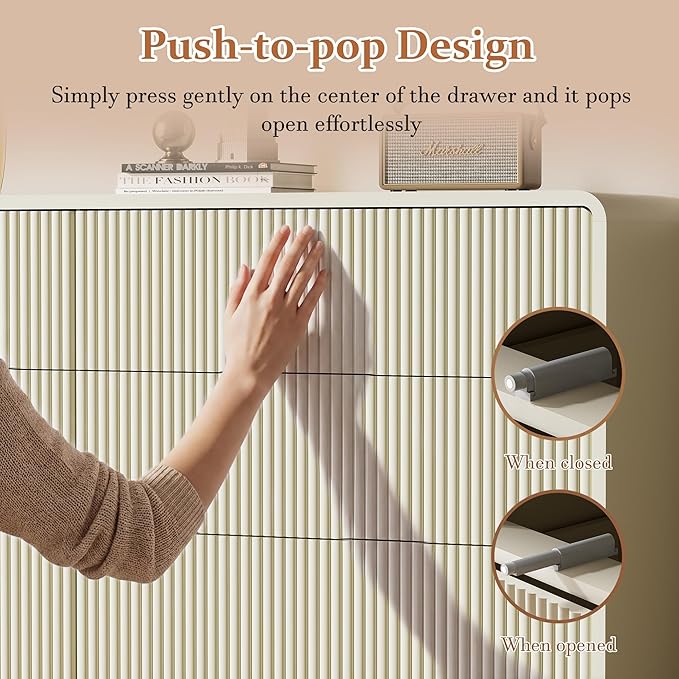 Beige 6 Drawer Dresser, 55" Wide Wood Chest of Drawers with Curved Design, Modern Fluted Dresser with Push-to-Open Storage for Bedroom