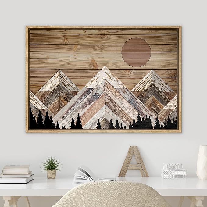 SIGNWIN Framed Canvas Print Wall Art Western Decor Mountain Range Forest Landscape Nature Wilderness Modern Art Nordic Rustic Wood Panel for Living Room, Bedroom, Office - 24"x36" Natural