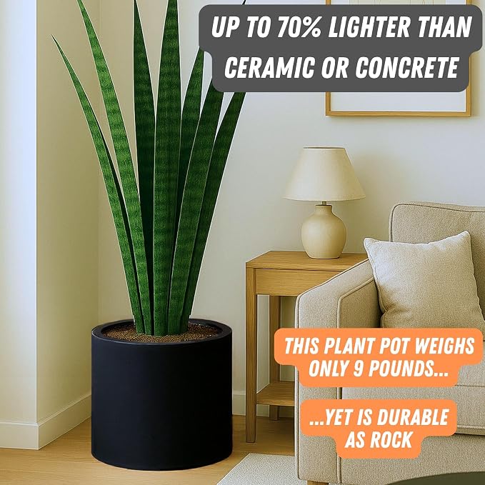 Fox & Fern Large Indoor Planter, Modern Large Plant Pot for Indoor or Outdoor, UV and Frost Resistant - 14.6 Inch, Fiberstone, Matte Black Flower Pot with Drainage Plug, Lightweight