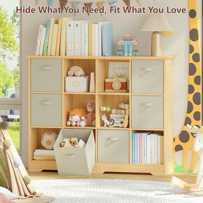 VORONOI 12 Cube Storage Organizer with 6 Fabric Drawers and Removable Shelves — Modular Cube Bookshelf for Bedroom, Living Room, or Home Office, Short Cube Bookcase for Toys, Decor,Natural Wood