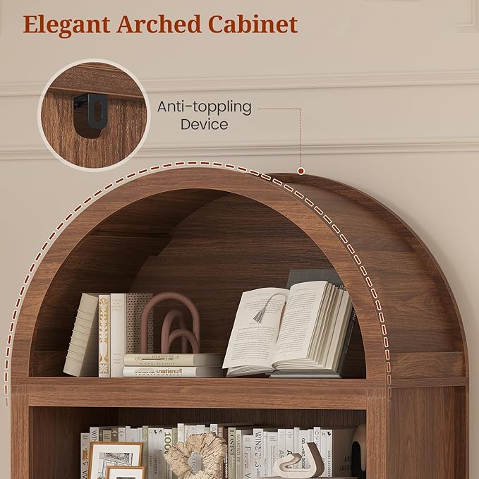 81" Tall Arched Cabinets,Bookcase with storage,Mid-Century Modern 6-Tier Bookshelf with Door,2 Book Risers and Adjustable Shelves offering more storage space for Living Room,Kitchen,Home Office,Brown