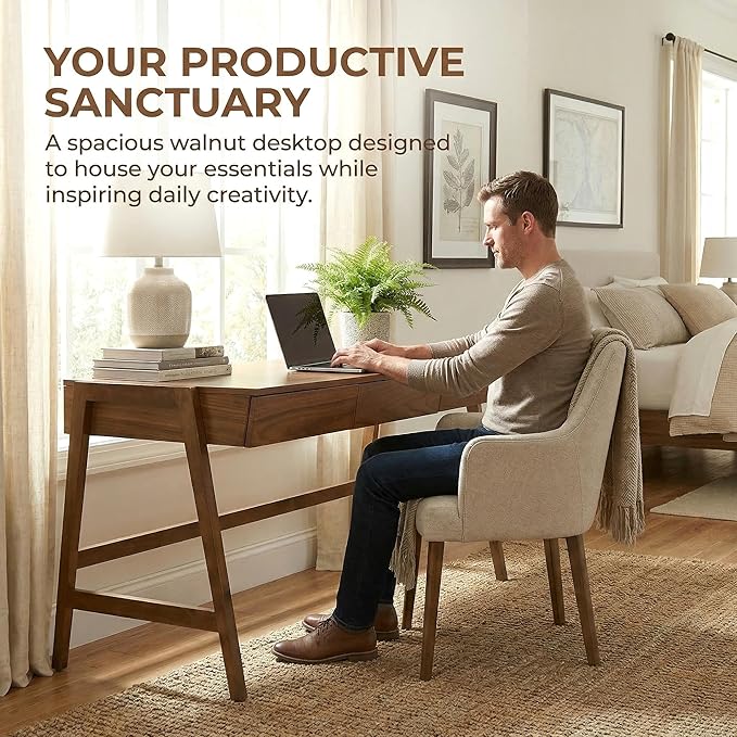 ROCITY Walnut Wood Desk with Drawers Home Office Desk Mid Century Modern Writing Table for Bedroom Vanity Living Room Study Workstation