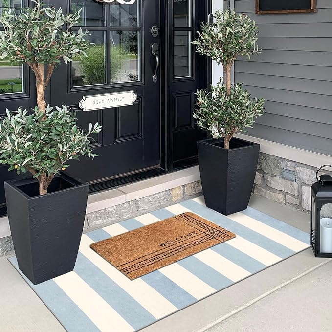 Front Door Mat Indoor Entrance - 2x4.3 Ft Washable Layered Doormat Outdoor Entrance Welcome Mat Front Porch Rug Non-Slip Blue White Striped Runner Rug for Kitchen Bedroom Front Porch Decor