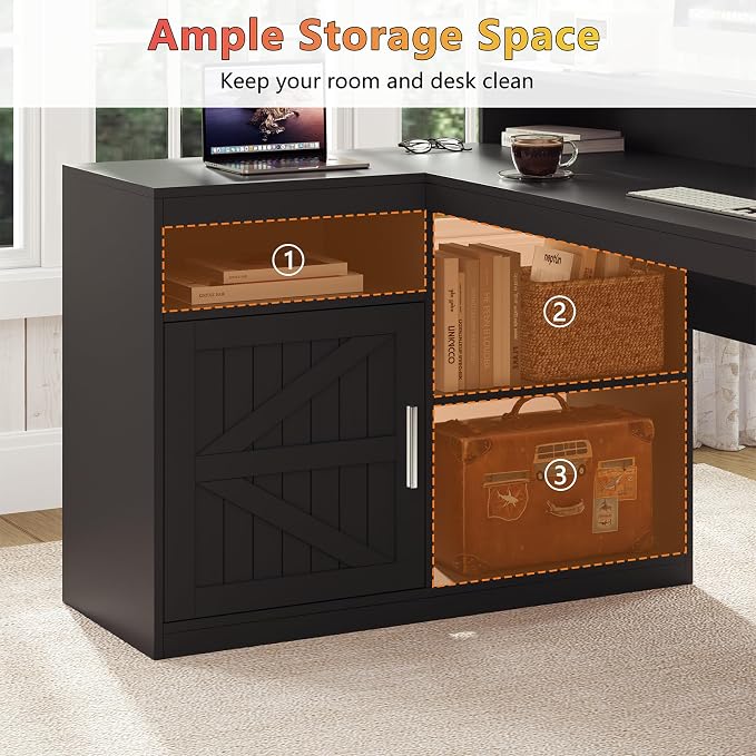 TVU Farmhouse L Shaped Desk with Drawers, 62.2" Home Office Desk with Storage Shelves and Power Outlet, L Shaped Computer Desk with Monitor Stand and Printer Shelf, Black